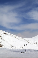 Image showing Skiing equipment on ski slope