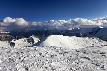 Image showing View on off-piste slope and snowy mountains
