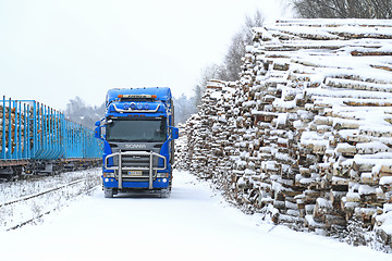 Image showing Blue Scania R580 V8 Logging Truck at Railway Timber Yard