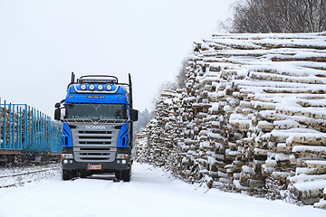 Image showing Blue Scania V8 Logging Truck at Snowy Railway Timber Yard