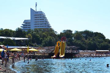 Image showing The Gold Bay beach in Anapa in the summer in a sunny weather.