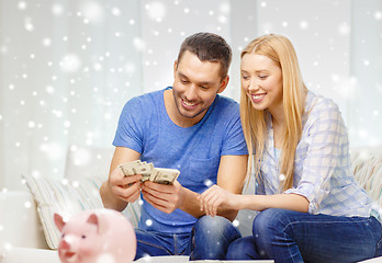 Image showing smiling couple counting money at home