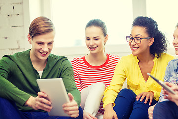 Image showing smiling students with tablet pc computer