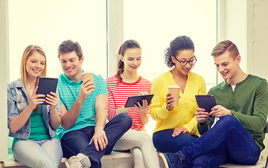 Image showing smiling students with tablet pc computer