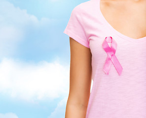 Image showing close up of woman with cancer awareness ribbon