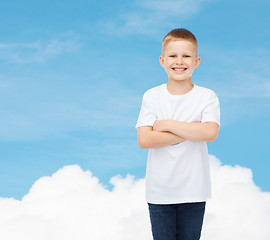 Image showing smiling little boy in white blank t-shirt