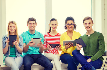 Image showing smiling students with tablet pc computer