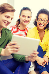 Image showing smiling students with tablet pc computer