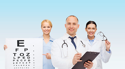 Image showing group of smiling doctors with eye chart