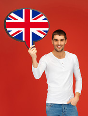 Image showing smiling man with text bubble of british flag