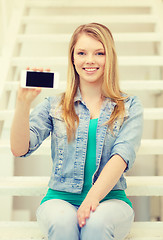 Image showing smiling student with smartphone blank screen