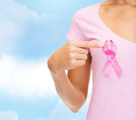 Image showing close up of woman with cancer awareness ribbon