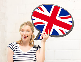 Image showing smiling woman with text bubble of british flag