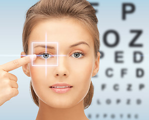 Image showing beautiful young woman pointing finger to her eye