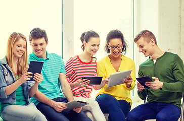 Image showing smiling students with tablet pc computer