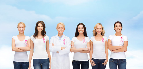 Image showing smiling women with pink cancer awareness ribbons