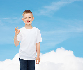 Image showing smiling little boy in white blank t-shirt