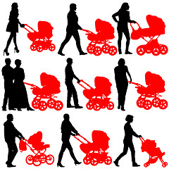 Image showing Silhouettes  walkings mothers with baby strollers. Vector illust