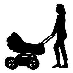 Image showing Silhouettes  walkings mothers with baby strollers. Vector illust