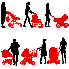 Image showing Silhouettes  walkings mothers with baby strollers. Vector illust