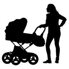 Image showing Silhouettes  walkings mothers with baby strollers. Vector illust