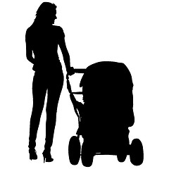 Image showing Silhouettes  walkings mothers with baby strollers. Vector illust