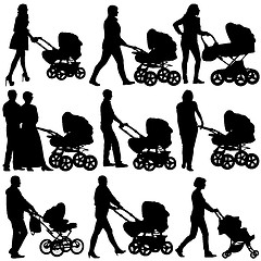 Image showing Silhouettes  walkings mothers with baby strollers. Vector illust