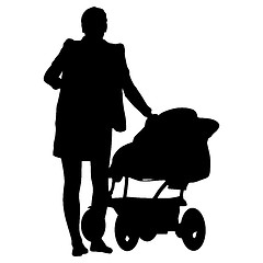 Image showing Silhouettes  walkings mothers with baby strollers. Vector illust