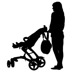 Image showing Silhouettes  walkings mothers with baby strollers. Vector illust