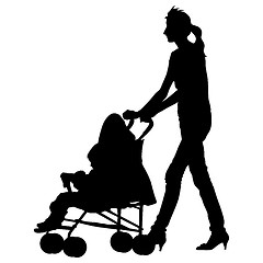 Image showing Silhouettes  walkings mothers with baby strollers. Vector illust