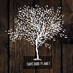 Image showing Tree Silhouette on Wooden Texture. Ecology Poster Concept