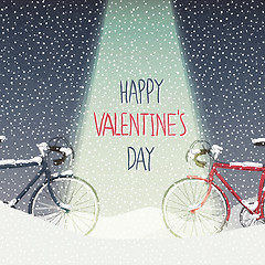 Image showing Valentines Card. Snow Covered Bicycles, Calm Winter Scene