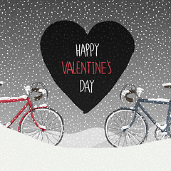 Image showing Valentines Card. Snow Covered Bicycles, Calm Winter Scene