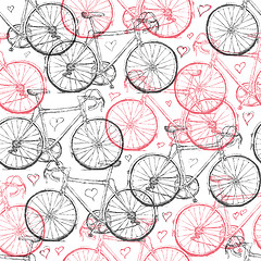 Image showing Vintage Bicycle Hand Drawn Seamless Pattern with Hearts