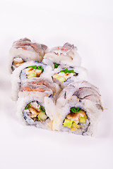 Image showing raw prawn sushi roll with eel 