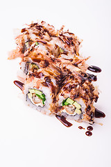 Image showing eel sushi roll in tuna flakes 