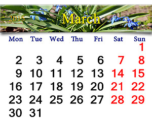 Image showing calendar for March of 2015 year with snowdrops