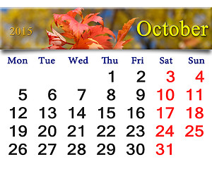 Image showing calendar for October of 2015 with the red leaves