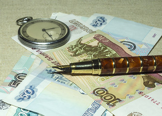 Image showing Pocket watches, notebook and money