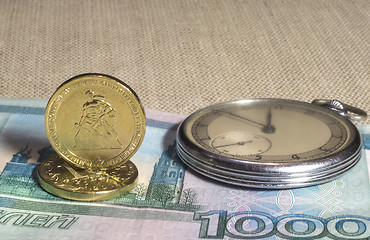 Image showing Retro watch, money and coins