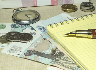 Image showing Pocket watches, pen and money