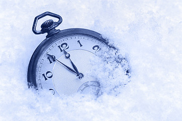 Image showing Pocket watch in snow, Happy New Year greeting card