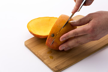 Image showing Second Cut Along The Flat Pit Of A Juicy Mango