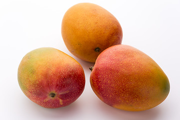 Image showing Three Ripe Mangos With Impeccable Skin On White