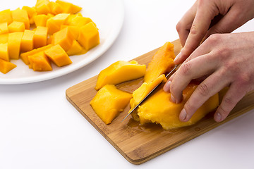 Image showing Cutting Juicy Fruit Pulp Around A Mango Pit