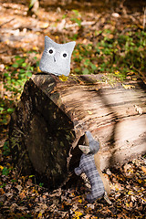 Image showing Soft toy dog is chasing an owl in autumn forest