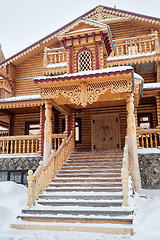 Image showing Wooden Snowy owl tavern of abalak tourist complex