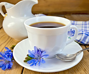 Image showing Chicory drink in white cup with milkman on board