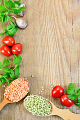 Image showing Lentils in spoonful with vegetables on board frame