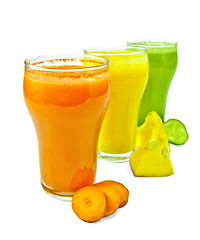 Image showing Juice vegetable in three glasses with vegetables in row